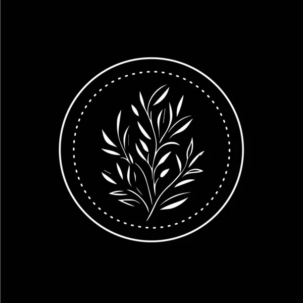 Olive Branch Boho标志白色图标手绘草图干枝叶轮廓黑色背景 T恤打印 自然标签 纹身模板 孤立的矢量说明 — 图库矢量图片