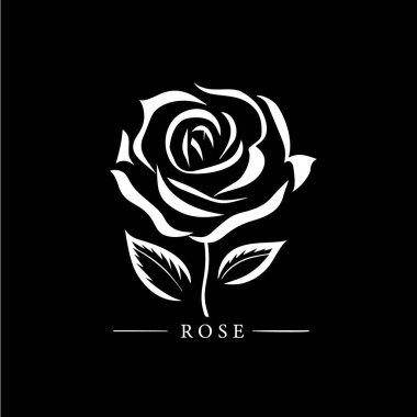 Gül çiçeği logo şablonu, beyaz gül yaprağı ikonu siyah arka planda siluet butik logotip konsept, kozmetik amblem, dövme. Vektör illüstrasyonu.