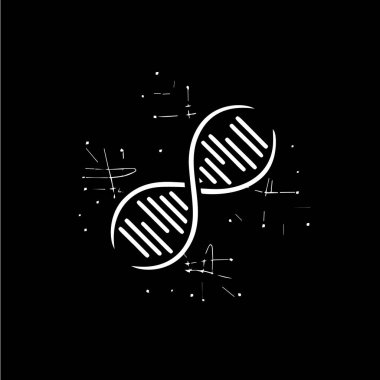 DNA metin logosu şablonu, siyah arka planda sarmal yapının beyaz simgesi, bilim logoti konsepti, kimya amblemi, dövme. Vektör illüstrasyonu.