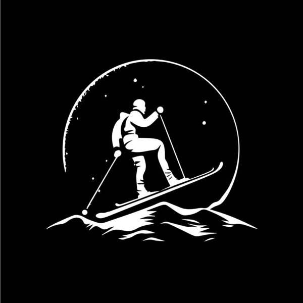 Шаблон логотипа лыжника, эмблема горных лыж, точечная татуировка с точечным затенением, татуировка на подбородке. Эмблема ручной работы на черном фоне для боди-арта, монохромный эскиз. Векторная иллюстрация.