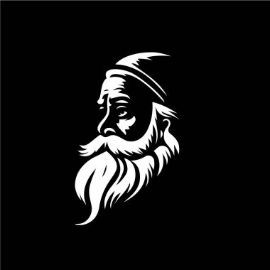 Sakallı yaşlı adam logo şablonu, Noel Baba anıtı amblemi, adaçayı damgası, büyükbaba dövmesi çizimi. Vücut sanatı için siyah arkaplan üzerine el çizimi amblemi, monokrom sanatı. Vektör illüstrasyonu.