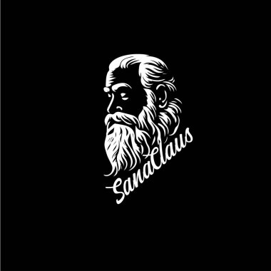 Sakallı yaşlı adam logo şablonu, Noel Baba anıtı amblemi, adaçayı damgası, büyükbaba dövmesi çizimi. Vücut sanatı için siyah arkaplan üzerine el çizimi amblemi, monokrom sanatı. Vektör illüstrasyonu.