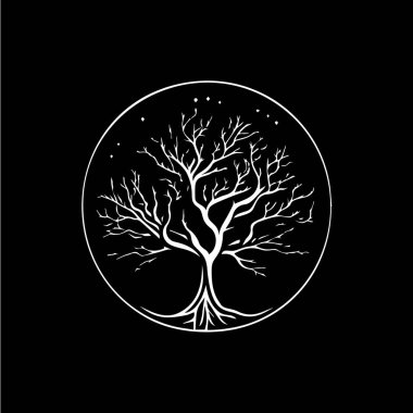 Ağaç kökleri silueti simgesi, bilgi sembolü, eğitim soyut işareti, oduncu logosu konsepti, marangozluk logosu, tişört baskısı, siyah arka planda yaşam sembolü. İzole vektör illüstrasyonu. 