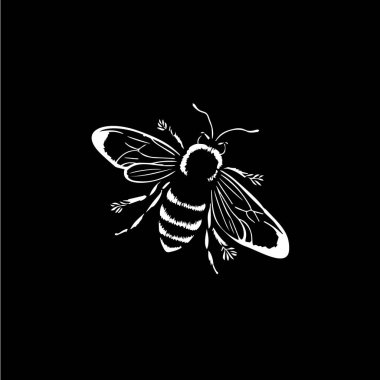 Minimalist bal arısı logo şablonu, siyah arka planda beyaz arı silueti, yaban arısı modern logoti konsepti, çizim, dövme. Vektör illüstrasyonu.