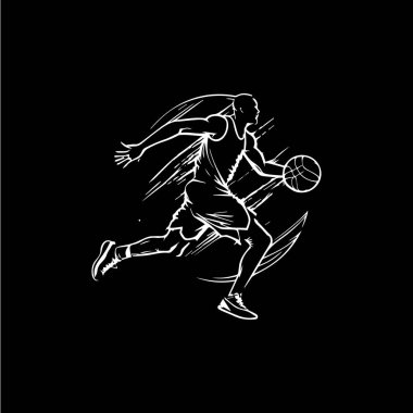 Basketbolcu beyaz amblemi, topla koşan, aksiyon oyuncusu simgesi, el çizimi dövme silueti siyah arka planda. Vektör illüstrasyonu