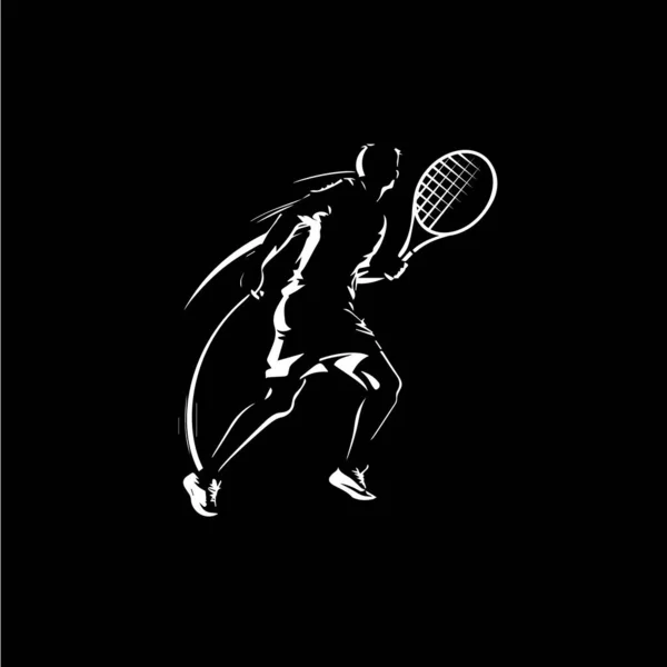 ラケットトレーニング 白の線形シルエットスケッチ スポーツゲームのロゴテンプレート 黒の背景に手描きの入れ墨を持つ大きなテニスプレーヤー ベクターイラスト — ストックベクタ