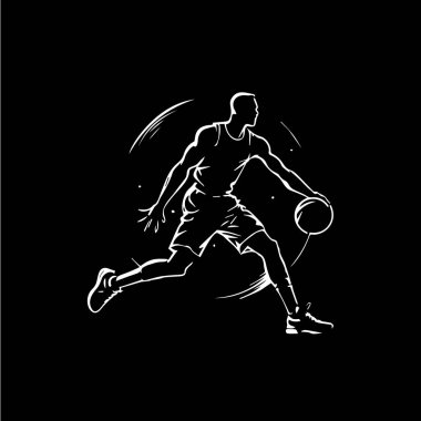 Basketbolcu beyaz amblemi, top, aksiyon oyuncusu ikonu, logo şablonu, siyah arkaplana el dövmesi çizimi silueti. Vektör illüstrasyonu