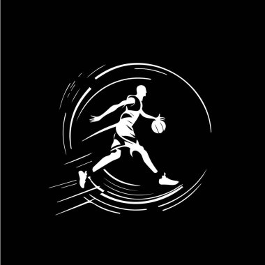 Basketbolcu beyaz amblemi, top, aksiyon oyuncusu ikonu, logo şablonu, el dövmesi çizimi silueti siyah arka planda. Vektör illüstrasyonu