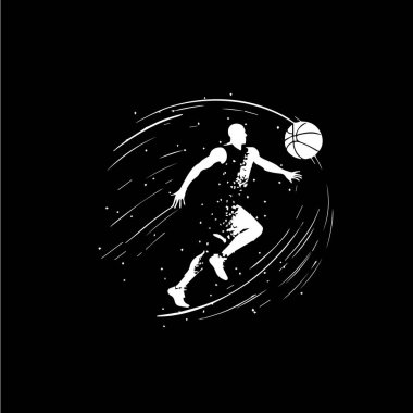 Basketbolcu beyaz amblemi, top, aksiyon oyuncusu ikonu, logo şablonu, el dövmesi çizimi silueti siyah arka planda. Vektör illüstrasyonu