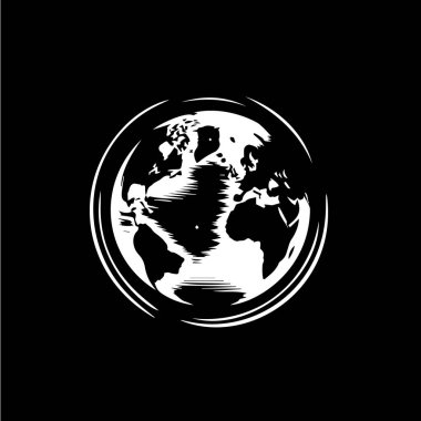 Dünya logo şablonu, dünya amblemi, gezegen simgesini kurtarmak. Küresel Gezegen Küresi el çizimi simgesi siyah arkaplan, monokrom eskiz sanatı. Vektör illüstrasyonu.
