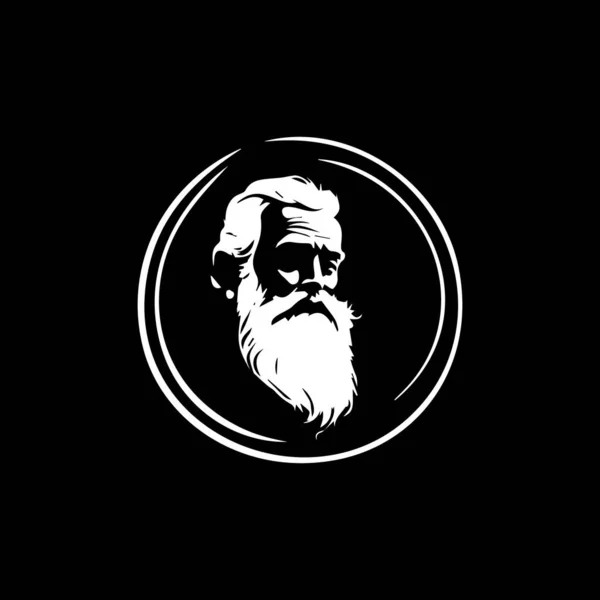 stock vector Bearded old man bust logo template, Santa Claus monument emblem, sage stamp, grandfather tattoo sketch. Hand drawing emblem on black background for body art, monochrome art. Vector illustration.