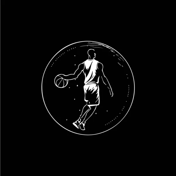 バスケットボール選手白エンブレム ボールでドリブル アクション選手アイコン ロゴテンプレート 黒の背景に手描きタトゥースケッチシルエット ベクターイラスト — ストックベクタ