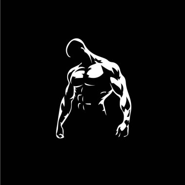 Vücut geliştirici erkek figürü ikonu, GYM logo şablonu, atletik adam siyah arka planda beyaz siluet imzası. Vektör illüstrasyonu.