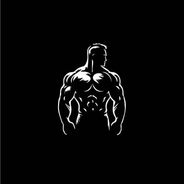 Vücut geliştirici erkek figürü ikonu, GYM logo şablonu, atletik adam siyah arka planda beyaz siluet imzası. Vektör illüstrasyonu.