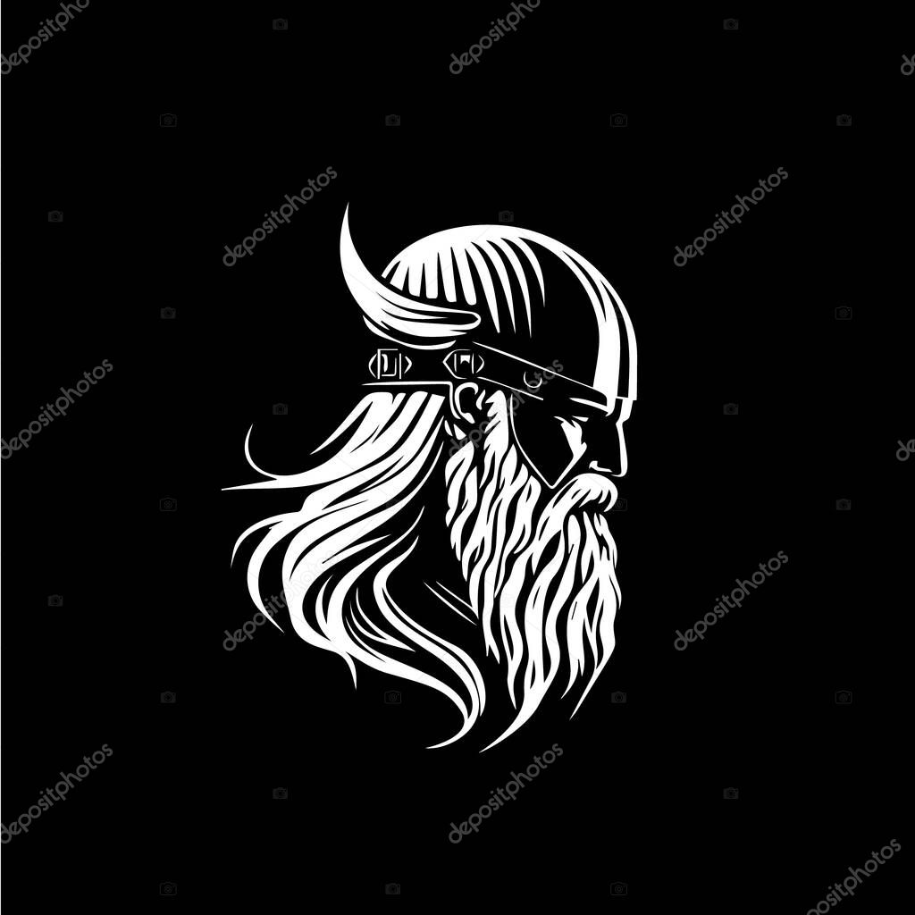 Nordic man head in helmet with horns emblem, Viking logo template, ancient warrior sign, medieval artisan of craftsman mascot. Vector illustration