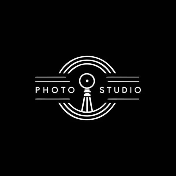 stock vector Photo studio vintage retro emblem. White linear photographer logo concept on black background. Vector illustration