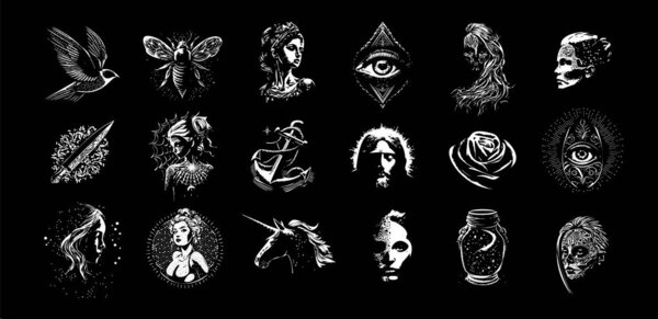 Tattoo sketch collection, modern dotwork tippling tattoo. Hand drawing objects emblem on black background for body art, sketch monochrome logo set. Vector illustration.