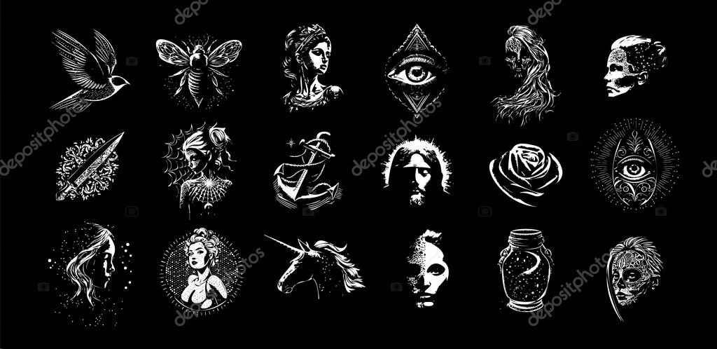 Tattoo sketch collection, modern dotwork tippling tattoo. Hand drawing objects emblem on black background for body art, sketch monochrome logo set. Vector illustration.