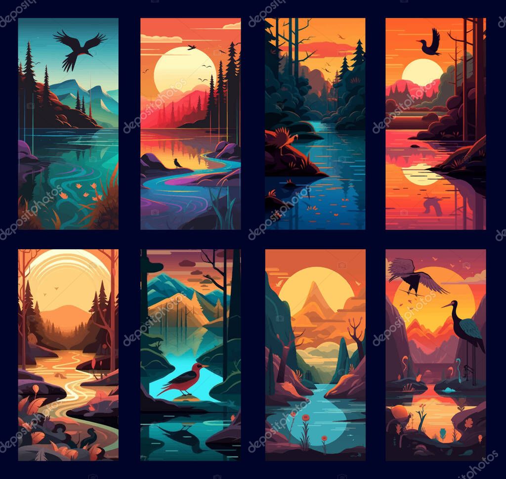 Natural scenery vertical banner set, nature landscape screensaver with mountains and forest, rivers and trees, sunset and mountains, eco earthy wallpaper template design. Vector illustration.