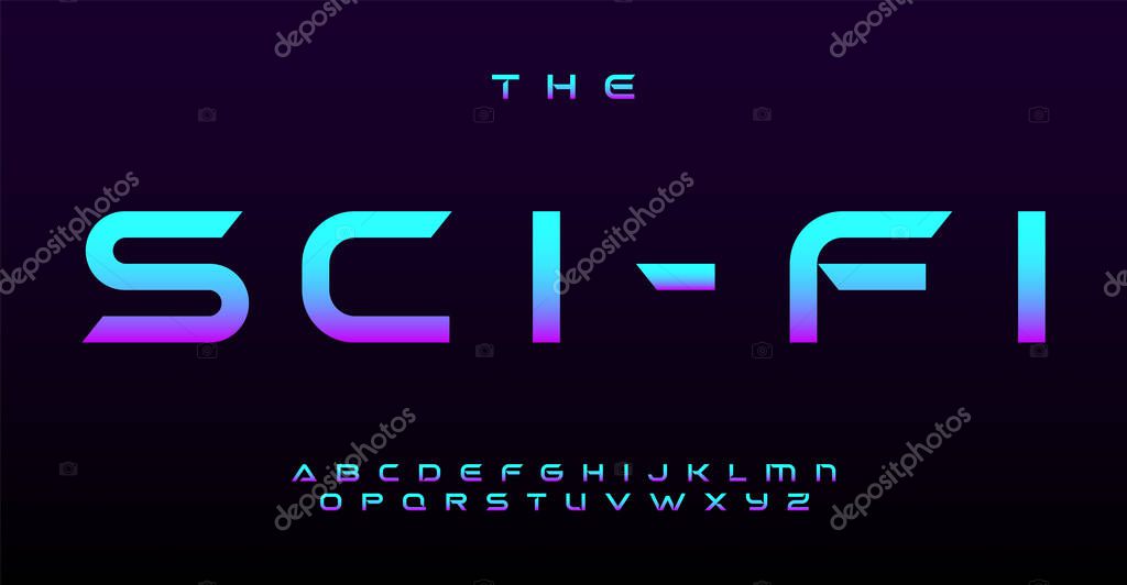 Vibrant sci-fi alphabet, simple futuristic letters. Modern font for EDM logo, club headline in retrofuturism robotic cyberpunk style. Wide typographic design. Vector typeset.