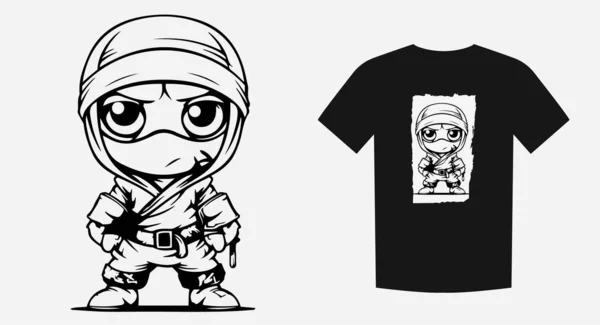 Hravé Ninja Dítě Monochromatickém Kresleném Stylu Ideální Pro Potisky Košile — Stockový vektor