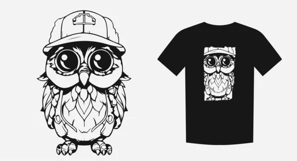 聪明猫头鹰的紧张的单色漫画 理想的印刷品 衬衫和标志 智慧和教育的象征 矢量说明 — 图库矢量图片