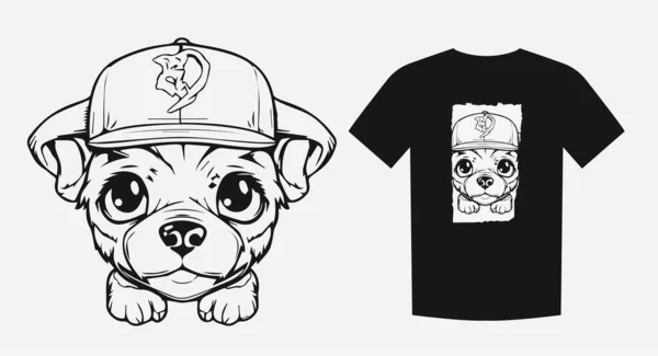 大きな目でかわいい子犬の愛らしいモノクロ漫画 プリント シャツ ロゴに最適です 表現力豊かな耳を持つ ベクターイラスト — ストックベクタ