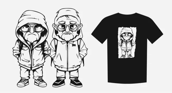 流行の服装で2人の悲しい高齢者のモノクローム漫画 プリント シャツ ロゴに最適です 表現力豊かでスタイリッシュな ベクターイラスト — ストックベクタ