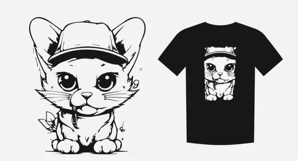 生意気な猫の大胆なモノクロ漫画 プリント シャツ ロゴに最適です 表現といたずら ベクターイラスト — ストックベクタ