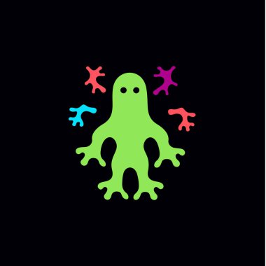 Oyuncu virüs ikonu izole etti. Renkli ve çocuksu bakteri işareti. Eğitim ve eğlence için soyut logo şablonu. Vektör illüstrasyonu