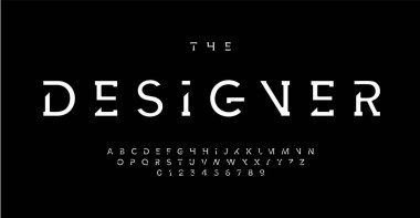 Geleceğin modern logosu için minimalist yüksek teknoloji fontu, monogram, dijital teknoloji başlığı, yenilikçi temiz tipografi, modern tipografik tasarım. Vektör tipi 