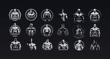 GYM logoları için güçlü kas atletleri simgeleri. Form, vücut geliştirme ve sağlıkla ilgili tasarımlar için maskülen figürler. Modern atletik estetik. Vektör illüstrasyonları