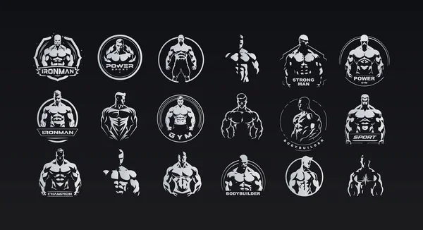 Potenti Icone Degli Atleti Muscolari Loghi Gym Figure Maschili Silhouette Illustrazione Stock