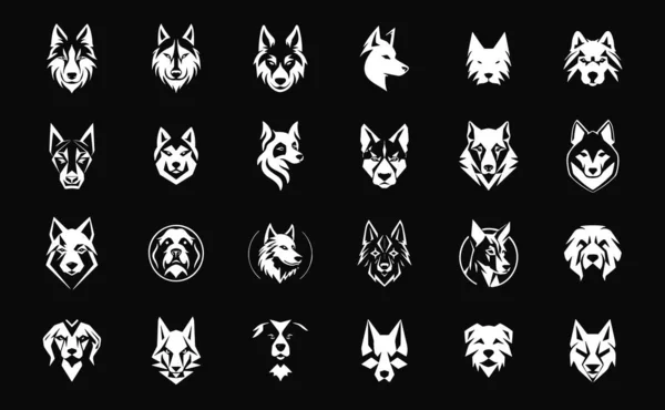犬のヘッドアイコンセット 白い犬の頭シルエットのロゴコレクション あなたのペット関連のニーズのための黒い背景 獣医クリニックやペットショップに最適 クリーンな多目的なデザイン ベクトルロゴ — ストックベクタ