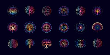 Beyin sinirsel ağ ikonu seti, nöronların bağlantısını temsil eden, bilim ve biyoteknoloji markaları, yapay zeka, sağlık ve tıbbi teknoloji için canlı renk logosu. Vektör illüstrasyonu.