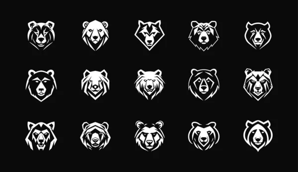 Zestaw Logo Głowy Niedźwiedzia Maskotka Grizzly Kolekcja Symboli Czarnej Sylwetki — Wektor stockowy
