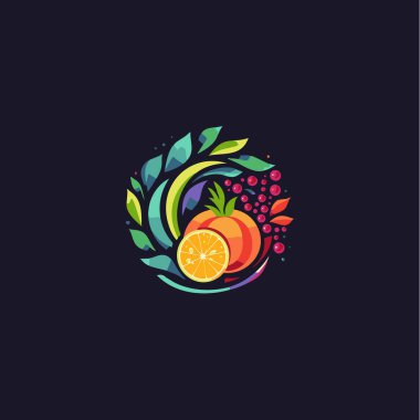 Parlak renkli lezzetli meyve dilimi ikonu. Sağlıklı organik gıda sembolü. Soyut çok yönlü grafik logosu, kafe, restoran veya meyve suyu ve yiyecek markası için yaratıcı düz tasarım. Vektör logosu. 