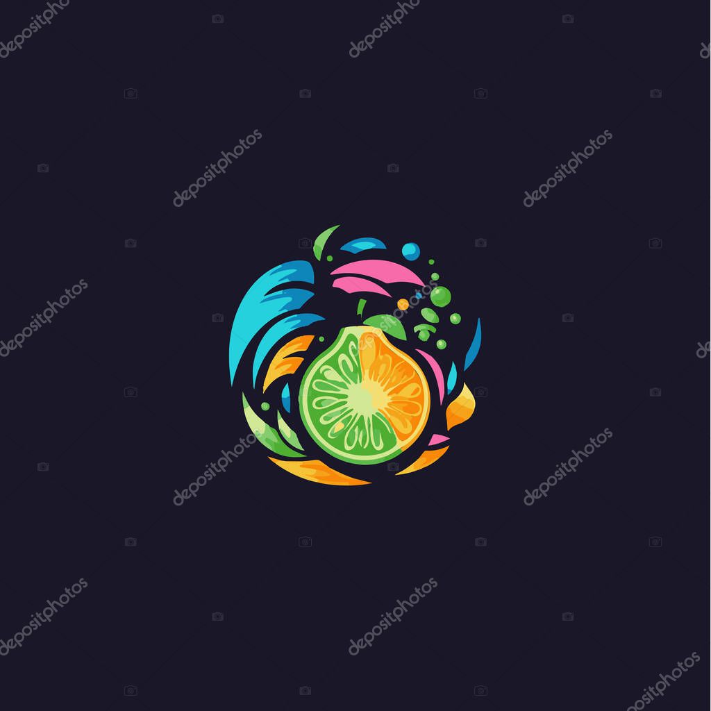 Bright colorful delicious fruit slice icon. Healthy natural organic food symbol. Abstract versatile graphic logo, creative flat design for cafe, restaurant, or juice and food brand. Vector logo.