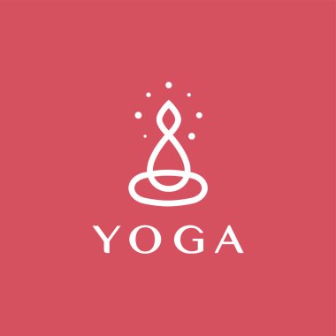 Yoga logo şablonu, lotus poz ikonunda doğrusal kadın silueti. Ruhani refah ve uyum için zarif minimalist sembol, modern kimlik için soyut insan silueti. Vektör illüstrasyonu.
