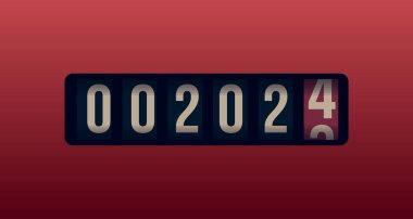 Yıl sayacı, dijital ölçüm, elektronik saat 2024 yılına ait 2024 sayılı tebrik kartı takvimi veya poster ile gösterilir. Vektör illüstrasyonu.