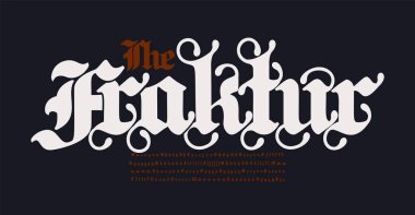 Lanet Gotik Yazı Tipi. Tarihi başlıklar, monogramlar ve logolar için birçok alternatif harfli Alman ortaçağ el yazması alfabesi. Gotik, görkemli bir tip. Vektör illüstrasyonu