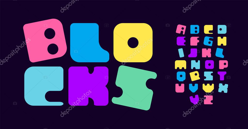 Colorful block style alphabet, unique blocks for childish toy logos, quirky, memorable signage, and standout headlines for childrens zones. Vector typeset