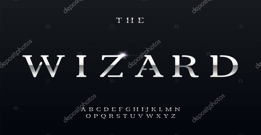 Metallic chrome alphabet, sleek polished serif letters, glared sophisticated steel font for contemporary logo, refined headline, luxurious typographic design. Versatile titanium style vector typeset.