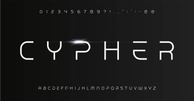 Soyut asgari alfabe, parlak harfler, modern logo için fütüristik yazı tipi, şehir başlığı, yenilikçi tipografi, kozmik dizayn. Vektör tipi. Vektör illüstrasyonu.