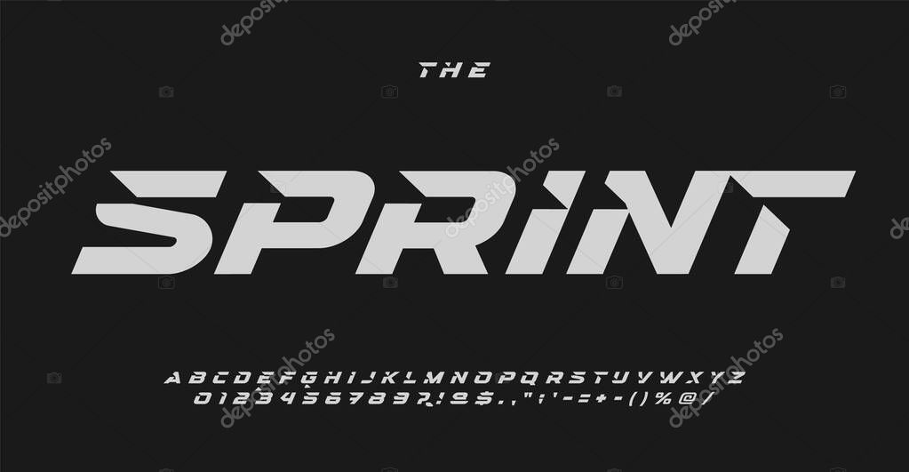 Sportive sans serif letters, bold automotive font for dynamic logo, high-speed headline, action-packed typography, race-inspired typographic design. Vector typeset