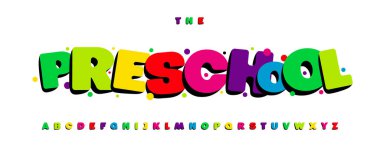 Okul öncesi renkli alfabe, eğlenceli öğrenme deneyimi. Sınıf dekorasyonu için cesur tipografi, eğitici materyaller. Çocukları okumakla, yazmakla meşgul etmek. Düz vektör illüstrasyonu. 