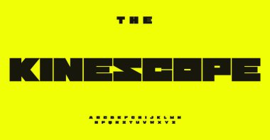 Geometrik olarak kalın alfabe, ağır sıklet harfler, geniş şehir logosu için geniş tekno yazı tipi, sportif başlık, maksimum tipografi, geniş tipografik tasarım. Vektör tipi 
