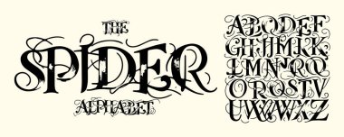 Gothic spiderweb calligraphy, eerie handwritten alphabets, dark ornamental letters for mystical logos, sinister book covers, Halloween art. Vintage elegance meets modern creativity. Vector typeset  clipart