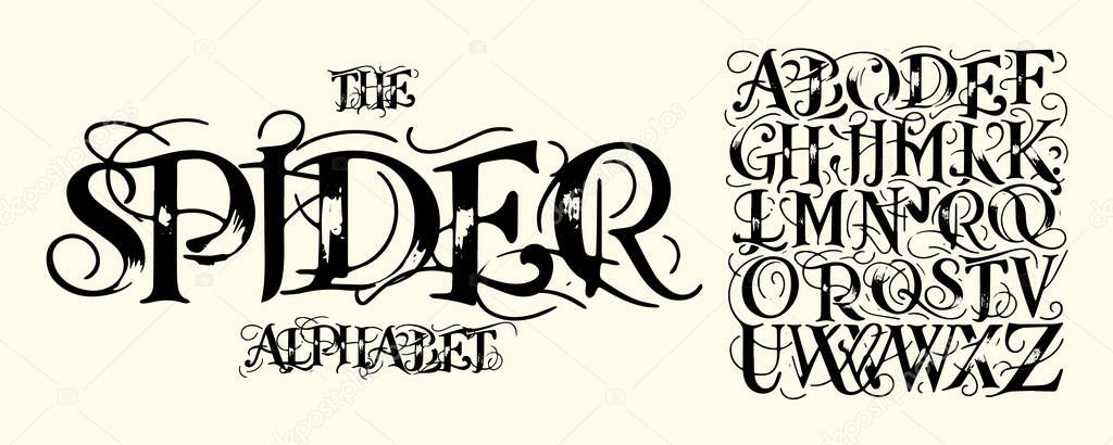 Gothic spiderweb calligraphy, eerie handwritten alphabets, dark ornamental letters for mystical logos, sinister book covers, Halloween art. Vintage elegance meets modern creativity. Vector typeset