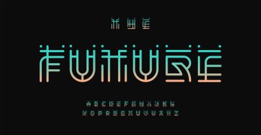 Fütürist soyut alfabe, tekno hiyeroglif estetik yazı tipi, siber dijital markalaşma için doğrusal geometrik harfler, doğrusal geometri yazı dizisi, yaratıcı modern tipografik tasarım. Vektör tipi.